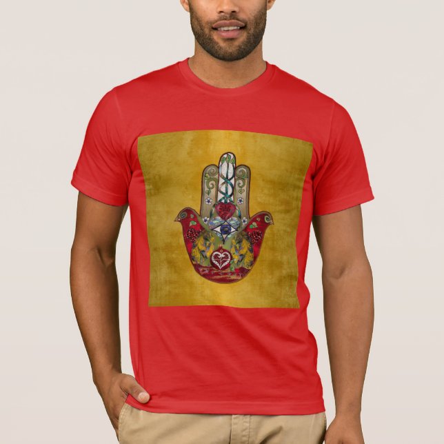 Ruby Pomegranate Heart Red Bird Hamsa T-Shirt (Front)