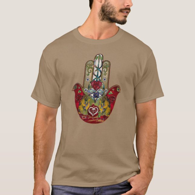 Ruby Pomegranate Heart Red Bird Hamsa T-Shirt (Front)