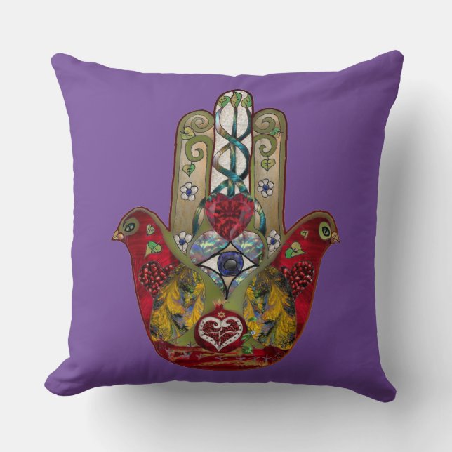 Ruby Pomegranate Heart Red Bird Hamsa Throw Pillow (Front)