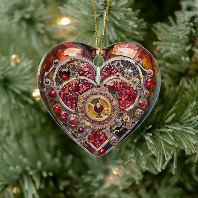 Ruby Pomegranate Heart Steampunk Series Ceramic Ornament (Tree)