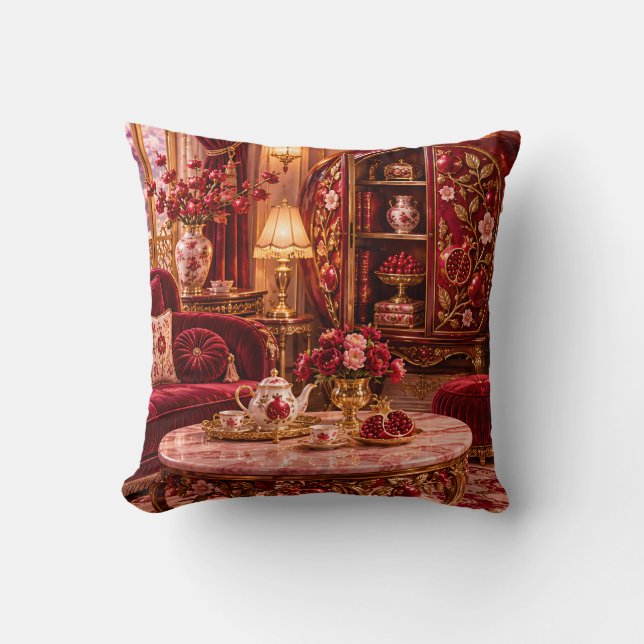 Ruby Pomegranate Velvet Tea Salon Throw Pillow (Front)
