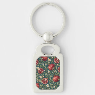 Ruby Pomegranates and Cream Blossoms on Teal Keychain