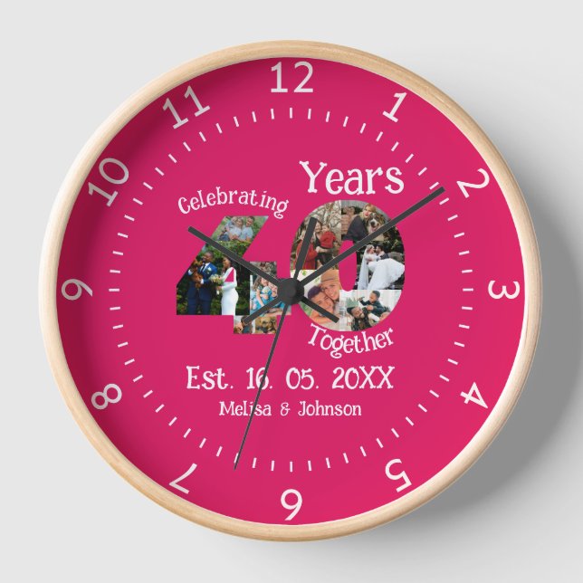 Ruby Red 40th Wedding Anniversary 11 Photo Collage Clock (Front)