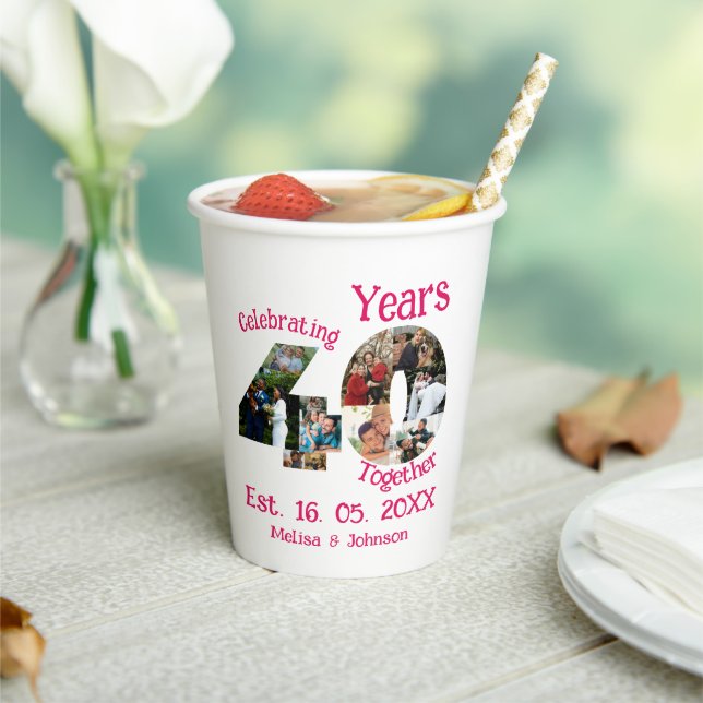 Ruby Red 40th Wedding Anniversary 11 Photo Collage Paper Cups (Insitu)
