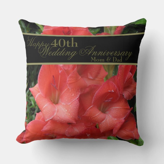 Ruby Red 40th Wedding Anniversary Mom and Dad Throw Pillow (Front)
