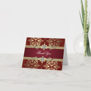 Ruby Red and Gold Damask Thank You Cards