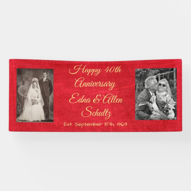 Ruby Red and Gold Happy 40th Anniversary Banner (Horizontal)