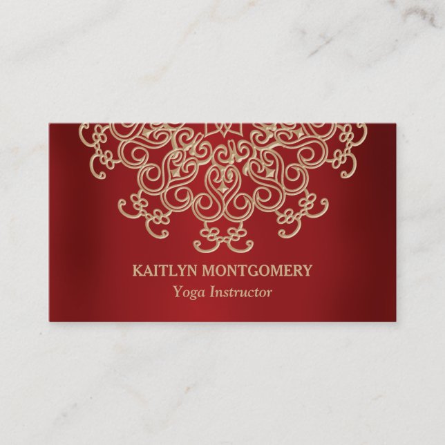 Ruby Red and Gold Ornate Sunburst Mandala Business Card (Front)