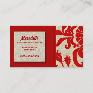 Ruby Red and Taupe Damask Business Card