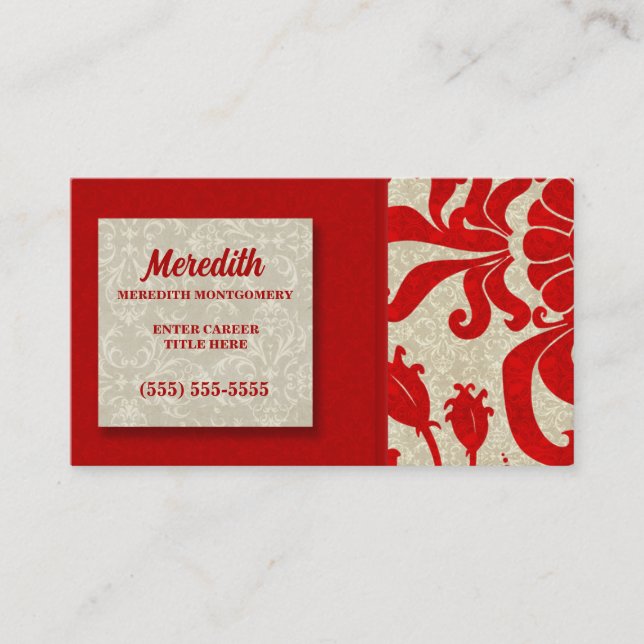 Ruby Red and Taupe Damask Business Card (Front)