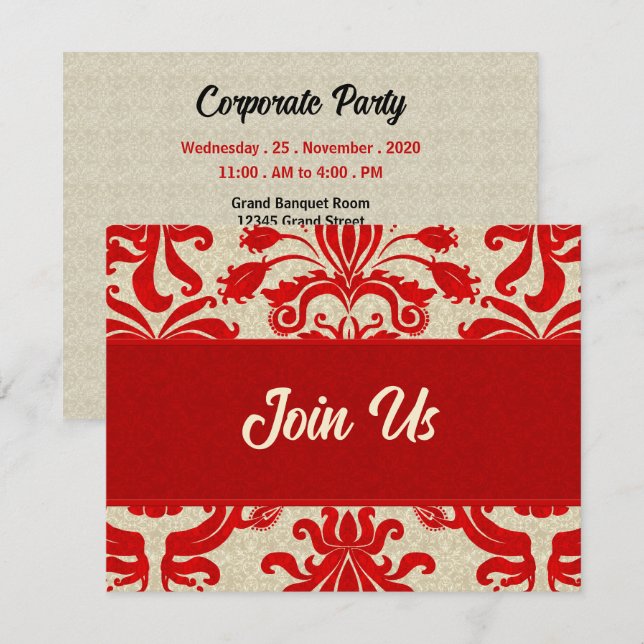 Ruby Red and Taupe Damask Professional Business Invitation (Front/Back)