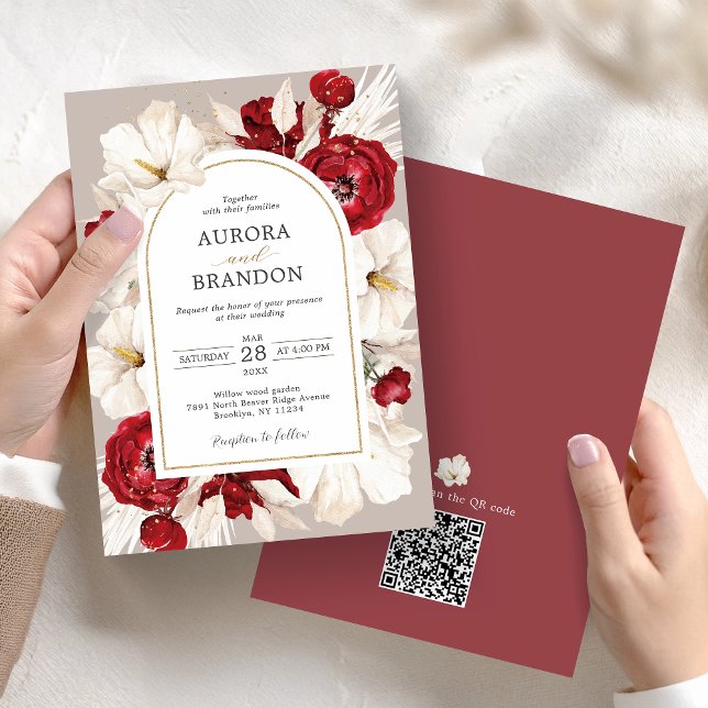 Ruby red and white floral Invitation with QR code (Creator Uploaded)