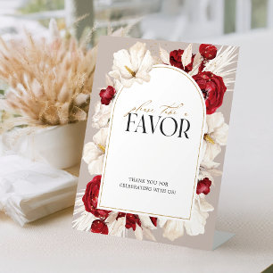 Ruby red and white floral wedding favors table pedestal sign