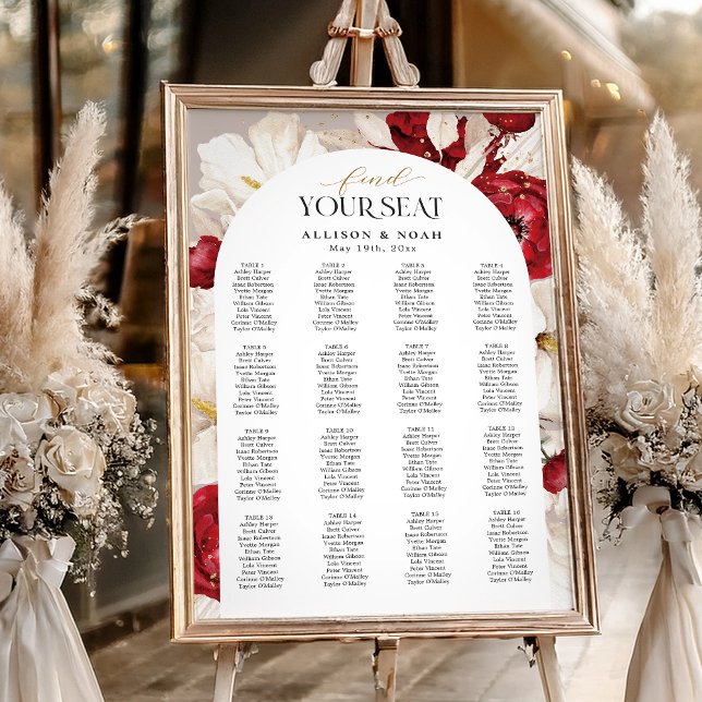 Ruby red and white floral wedding find your seat poster (Creator Uploaded)