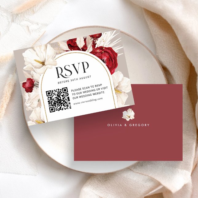 Ruby red and white floral wedding RSVP with QRcode (Creator Uploaded)