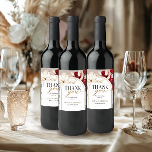 Ruby red and white floral wedding thank you wine label