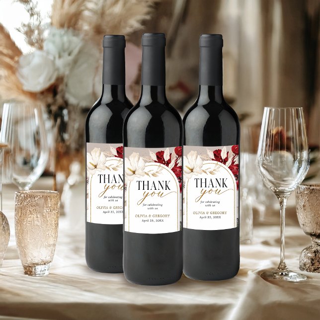 Ruby red and white floral wedding thank you wine label (Creator Uploaded)