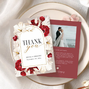 Ruby red and white floral wedding with photo thank you card