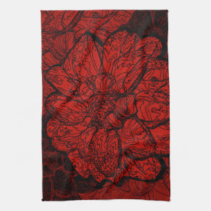 Ruby Red & Black Dahlia Floral Kitchen Towel