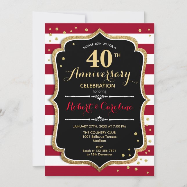Ruby Red Black Gold 40th Anniversary Invitation (Front)