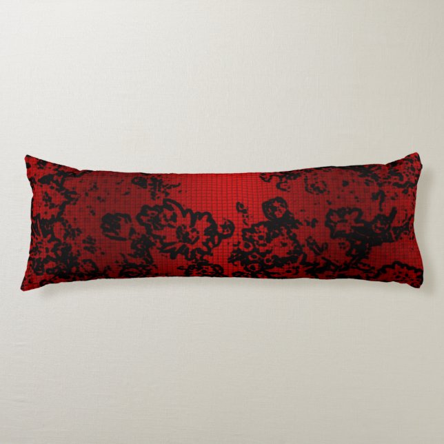 Ruby red black stylish floral vibrant elegant body pillow (Front)