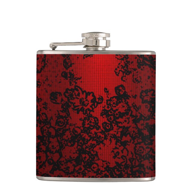 Ruby red black stylish floral vibrant elegant hip flask (Front)