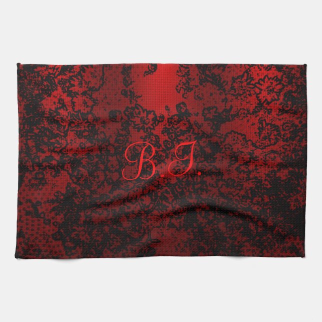 Ruby red black stylish floral vibrant elegant kitchen towel (Horizontal)