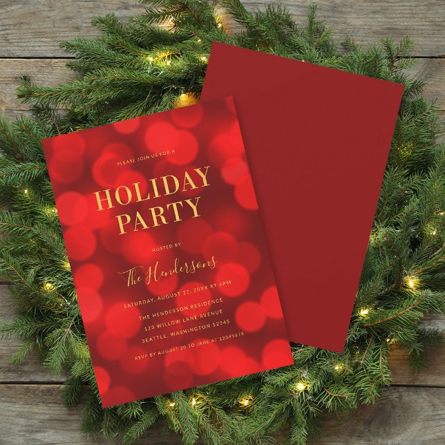 Ruby Red Bokeh Lights Faux Gold Holiday Party Invitation (Creator Uploaded)