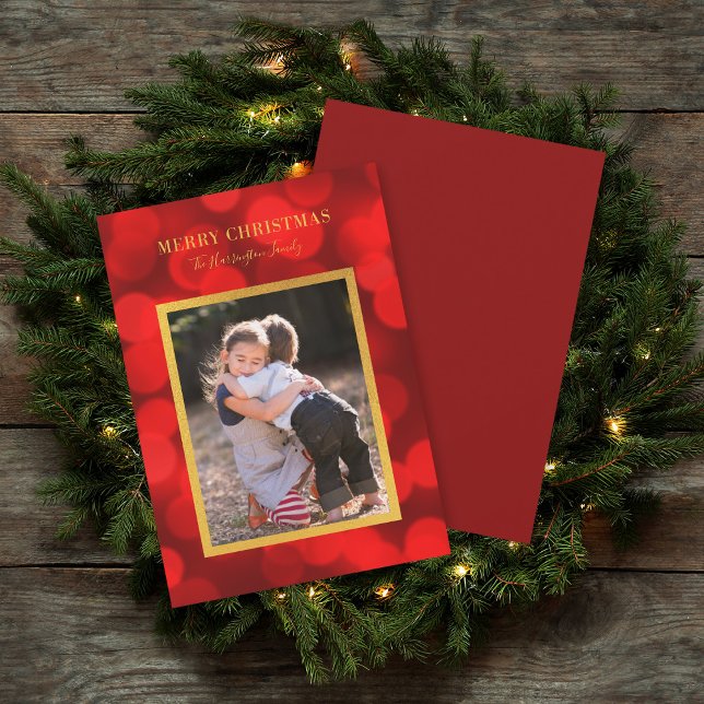 Ruby Red Bokeh Lights Faux Gold Merry Christmas Holiday Card (Creator Uploaded)
