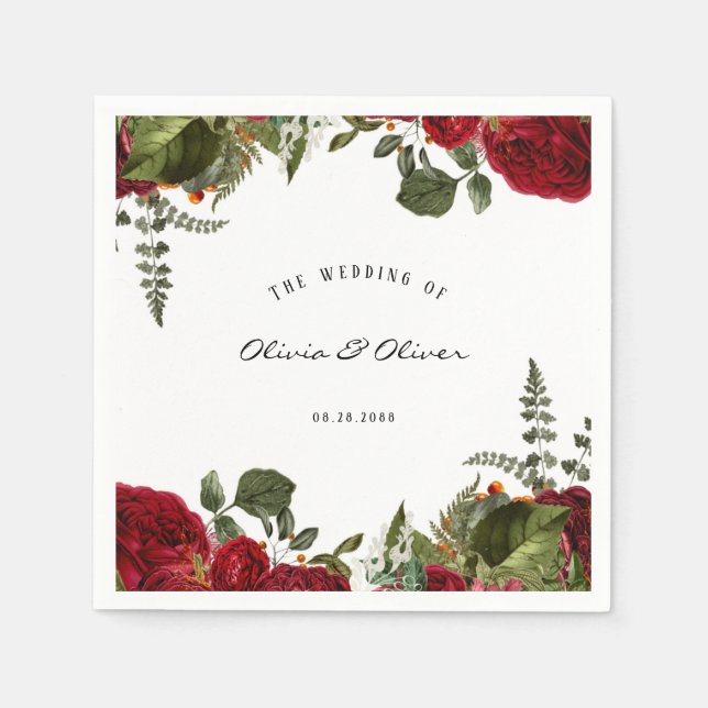 Ruby Red Botanical Peonies Wedding Napkin (Front)