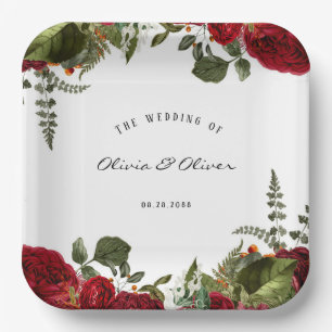 Ruby Red Botanical Peonies Wedding Paper Plate