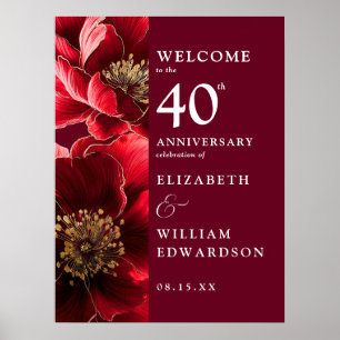 Ruby Red Chic Floral 40th Anniversary Welcome Sign