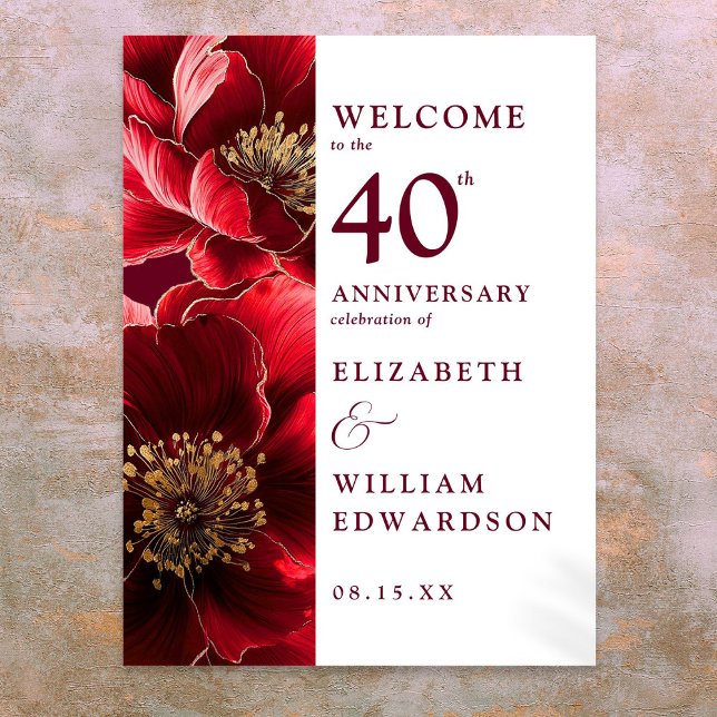 Ruby Red Chic Floral Affiche de bienvenue du 40e a (Ruby Red Chic Floral 40th Anniversary Welcome Sign)
