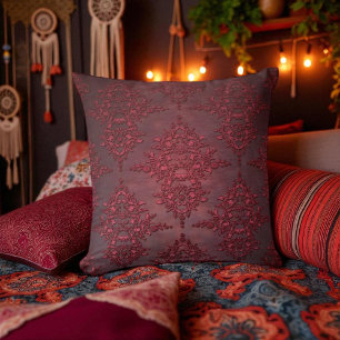Ruby Red Distressed Damask Throw Pillow