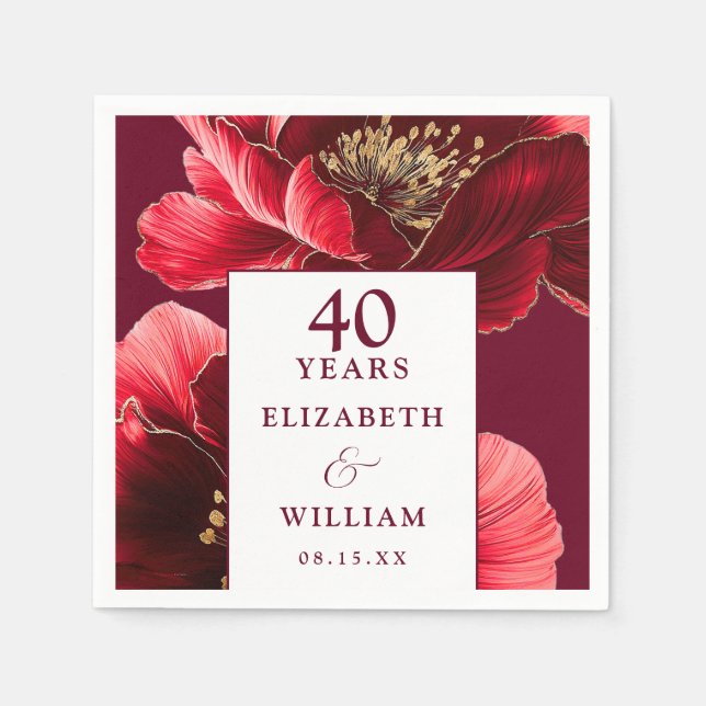 Ruby Red Elegant Floral 40th Anniversary Napkin (Front)