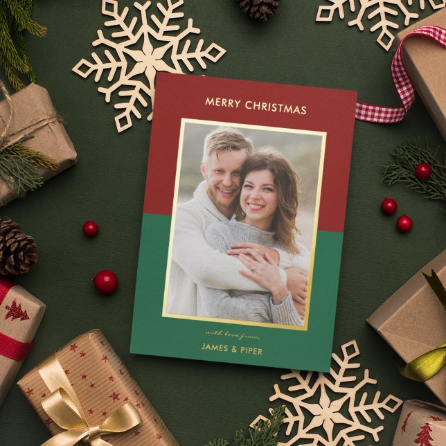 Ruby Red, Emerald Green Colorblock Photo Foil Holiday Card (Creator Uploaded)