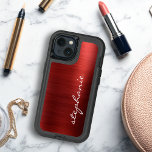 Ruby Red Faux Brushed Metal<br><div class="desc">This trendy phone case features a ruby red faux brushed metal foil background. Personalize it with your name in white handwriting-style brush script.</div>