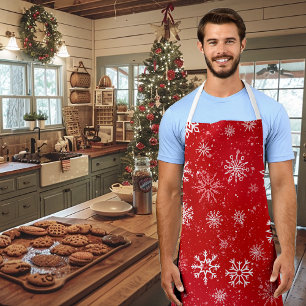 Ruby Red Festive Christmas White Snowflakes Apron