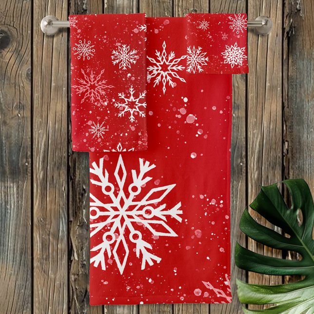 Ruby Red Festive Christmas White Snowflakes  Bath Towel Set (Creator Uploaded)