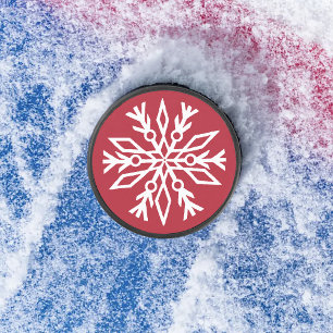 Ruby Red Festive Christmas White Snowflakes  Hockey Puck