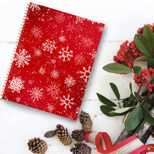 Ruby Red Festive Christmas White Snowflakes  Notebook