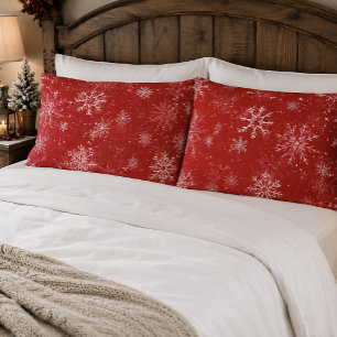 Ruby Red Festive Christmas White Snowflakes Pillowcase
