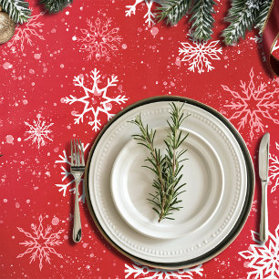 Ruby Red Festive Christmas White Snowflakes  Tablecloth