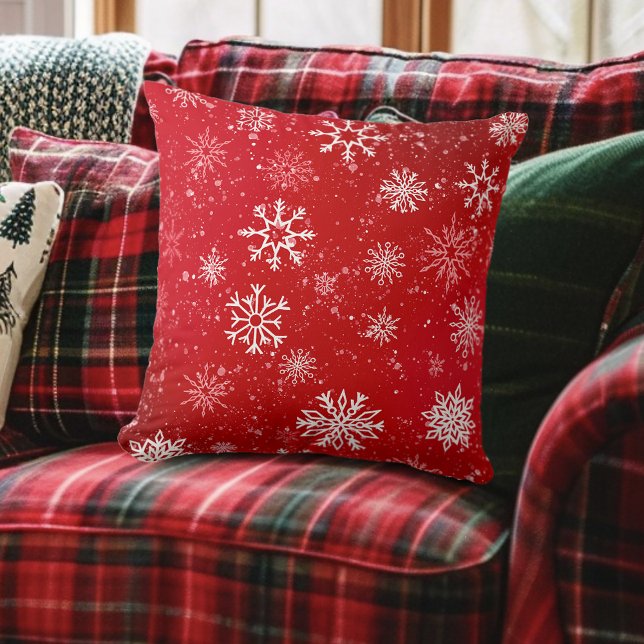 Ruby Red Festive Christmas White Snowflakes  Throw Pillow (Creator Uploaded)