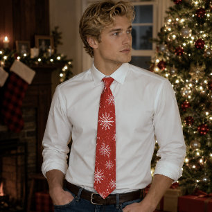 Ruby Red Festive Christmas White Snowflakes Tie