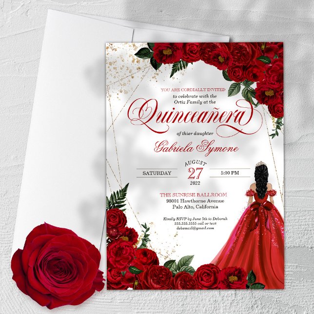 Ruby Red Floral Rose & Gold Elegant Quinceañera Invitation (Creator Uploaded)