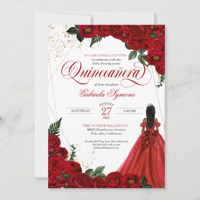 Ruby Red Floral Rose & Gold Elegant Quinceañera Invitation (Front)