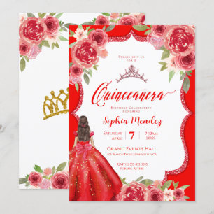 Ruby Red Floral Watercolor Quinceanera Invitation