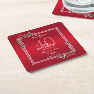 Ruby Red Gems & Glitter Ruby 40TH Wedding Square Paper Coaster