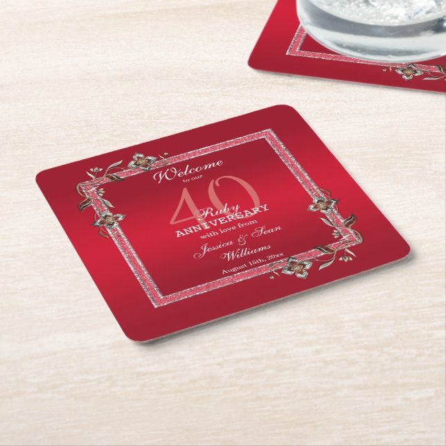 Ruby Red Gems & Glitter Ruby 40TH Wedding Square Paper Coaster (Angled)